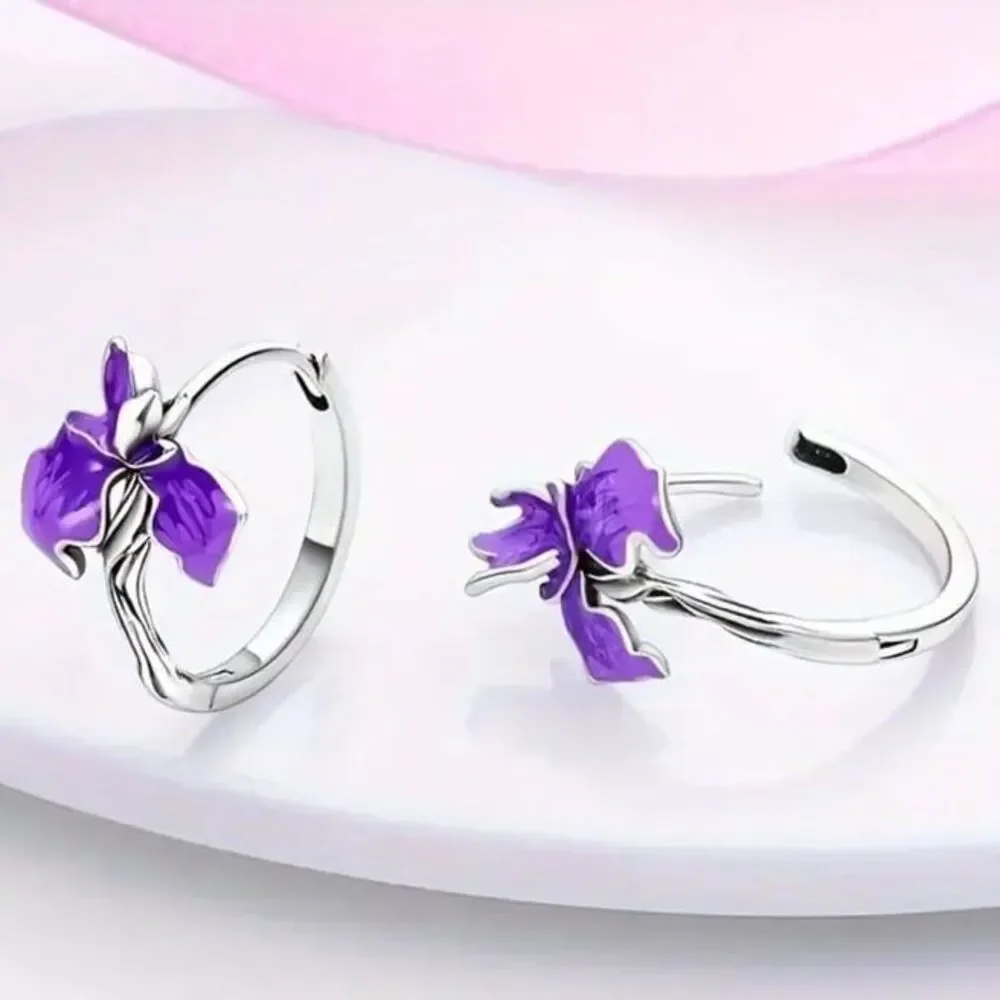 Earrings Sterling Silver 925 with purple flower design